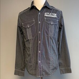 Affliction Buckle Exclusive Button Shirt Mens M Black Embroidered